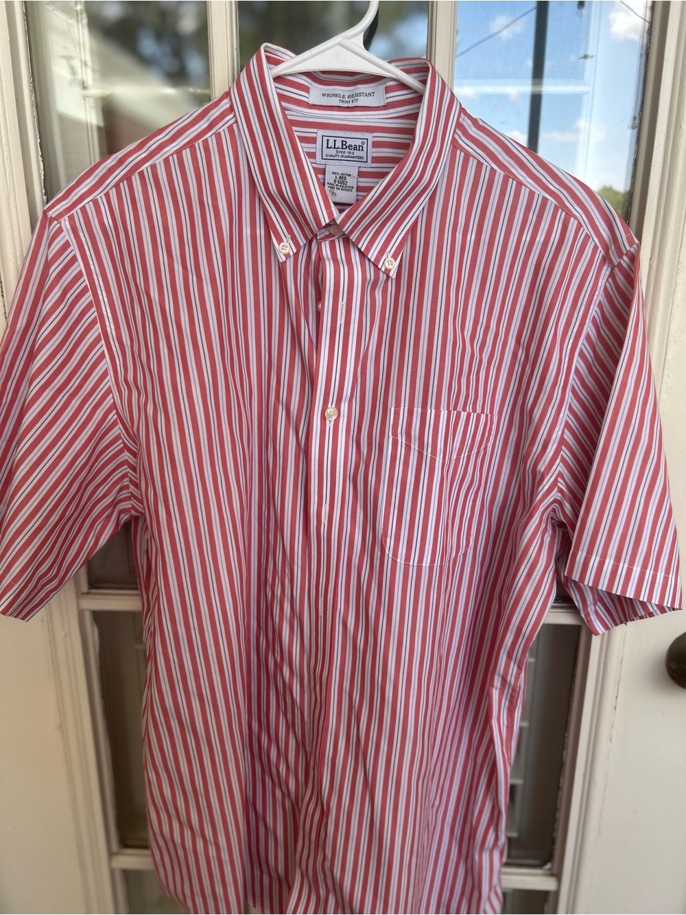 L.L. Bean Red and White Striped Short-Sleeve Button-Down Shirt